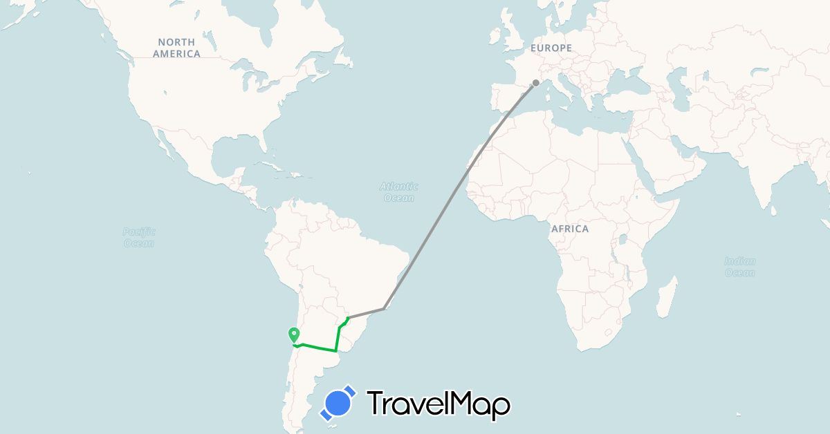 TravelMap itinerary: driving, bus, plane in Argentina, Brazil, Chile, France, Paraguay (Europe, South America)